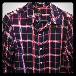 Navy blue & coral plaid long sleeve button up.